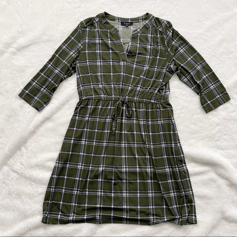 Lux II Plaid Stretch Drawstring Waist 3/4 Sleeve Dress Green Size 12